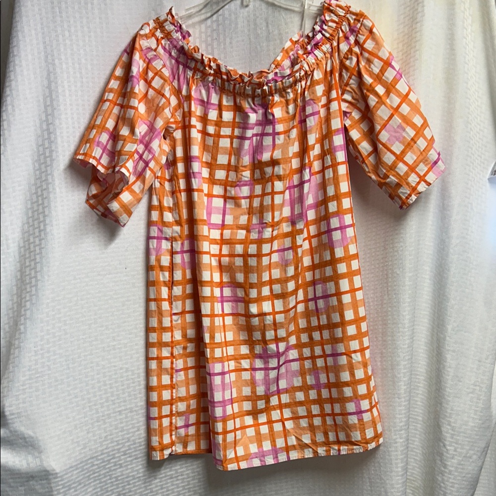 Corey Lynn Calter Orange and Pink Plaid Elastic-Neck Top. 31” neckline to hem.